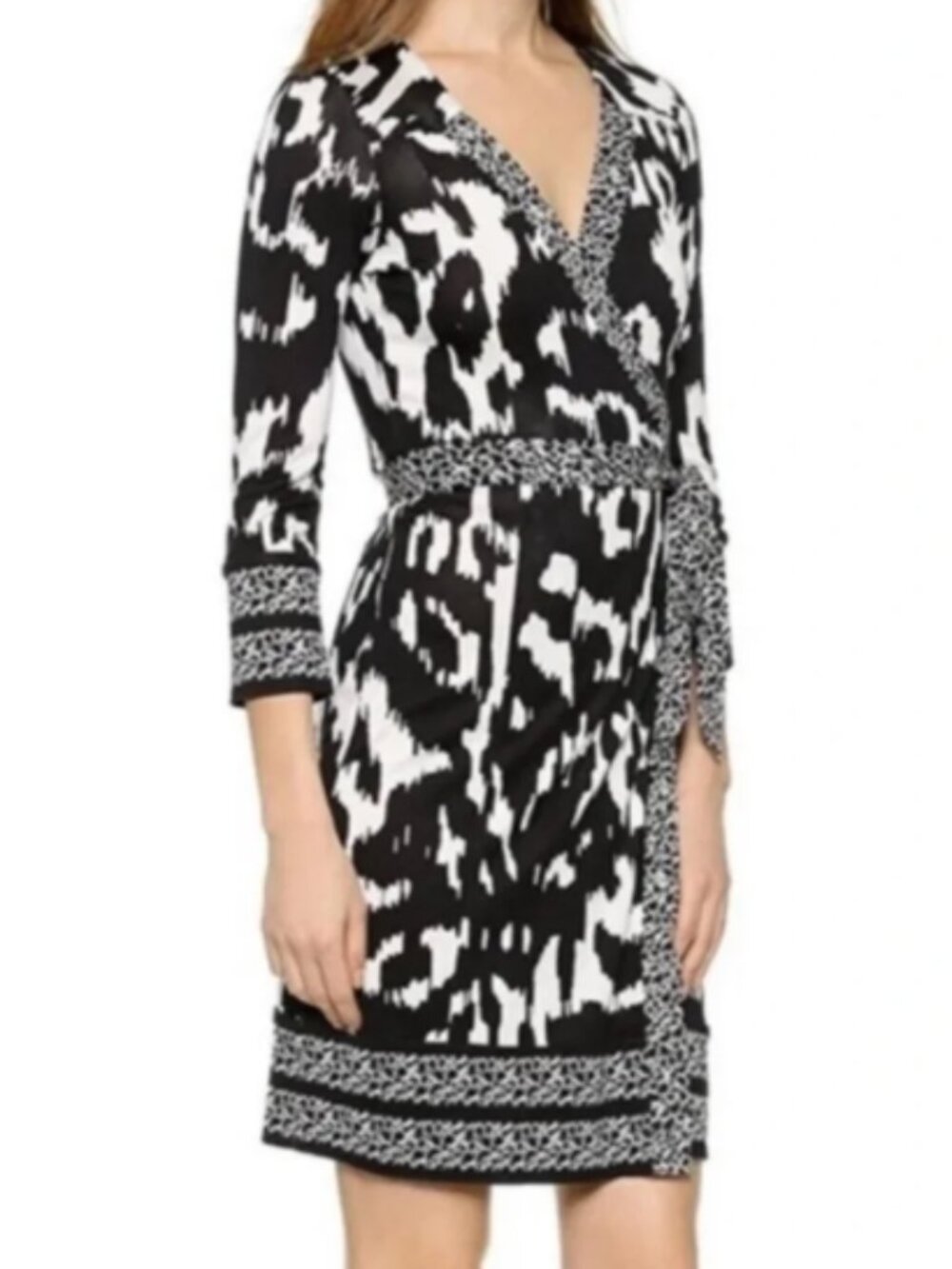DVF Black and White Animal Print Wrap Dress